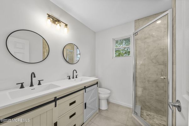 Bathroom, Dual Sink Vanities, Glass Shower, Interior, Marble Walls