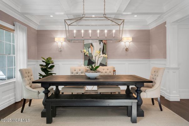 Dining room, Interior, Pendant Lights, Recessed Lighting, Wood Texture Flooring