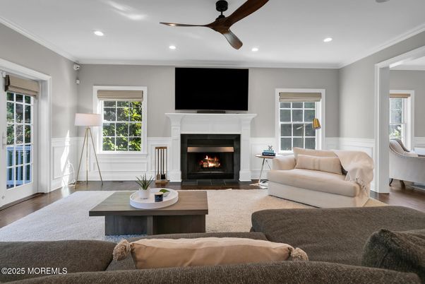 Fireplace, Interior, Living room, Recessed Lighting, Wood Texture Flooring