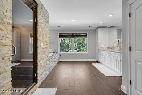 Bathroom, Interior, Recessed Lighting, Wood Texture Flooring