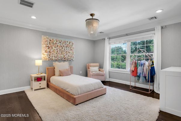 Bedroom, Chandelier, Interior, Recessed Lighting, Wood Texture Flooring
