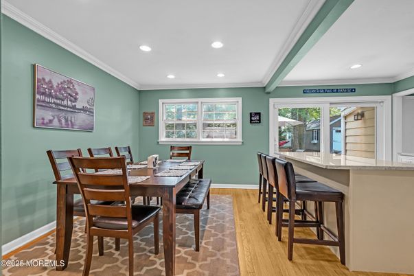 Dining room, Interior, Recessed Lighting, Wood Texture Flooring