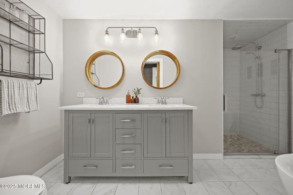 Bathroom, Dual Sink Vanities, Glass Shower, Interior, Marble