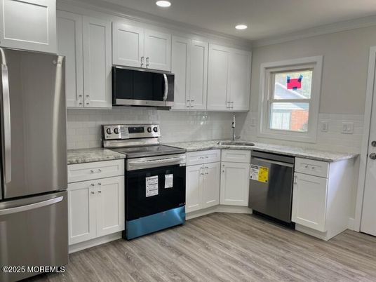 Interior, Kitchen, Recessed Lighting, Stainless Steel Appliances, Wood Texture Flooring