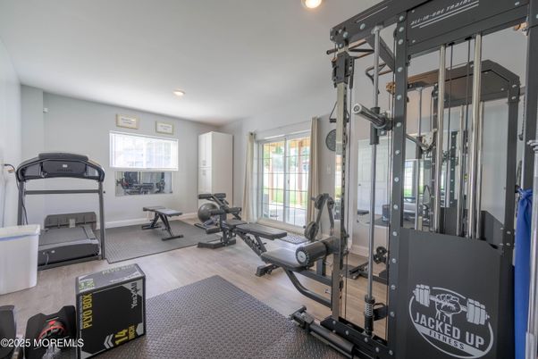 Fitness Equipment, Gym, Interior, Recessed Lighting, Wood Texture Flooring