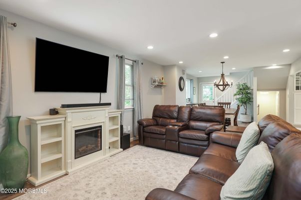 Chandelier, Dining room, Fireplace, Interior, Living room, Recessed Lighting