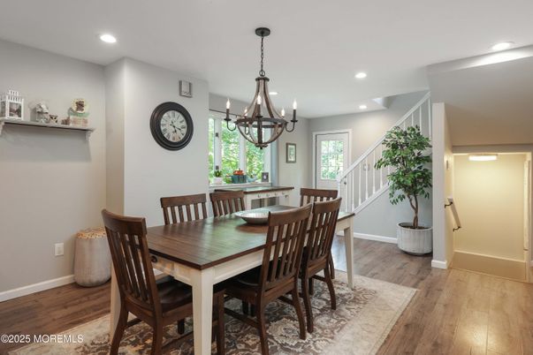 Chandelier, Dining room, Interior, Recessed Lighting, Wood Texture Flooring