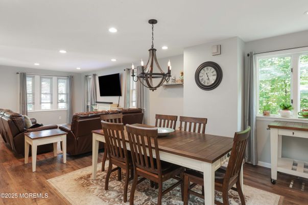 Chandelier, Dining room, Interior, Living room, Recessed Lighting, Wood Texture Flooring