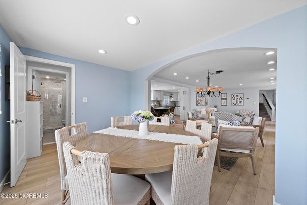Chandelier, Dining room, Interior, Kitchen, Living room, Pendant Lights, Recessed Lighting, Wood Texture Flooring