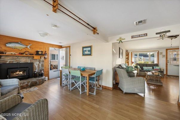Dining room, Fireplace, Interior, Living room, Wood Texture Flooring