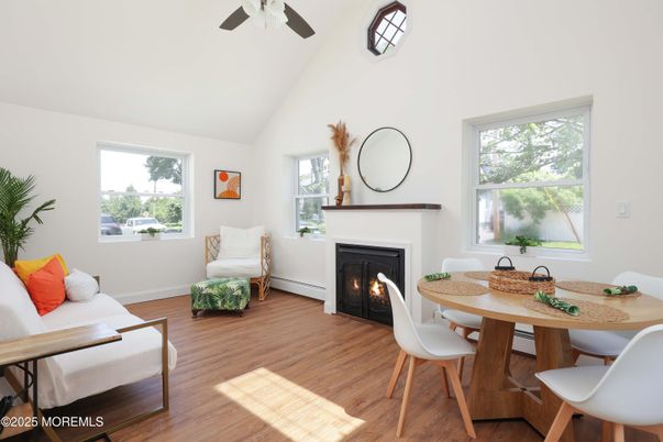 Dining room, Fireplace, Interior, Wood Texture Flooring
