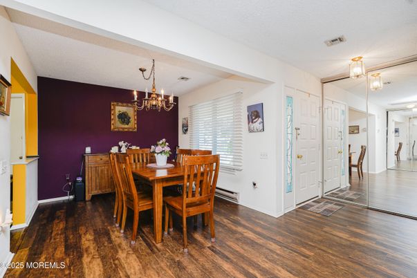 Chandelier, Dining room, Interior, Wood Texture Flooring