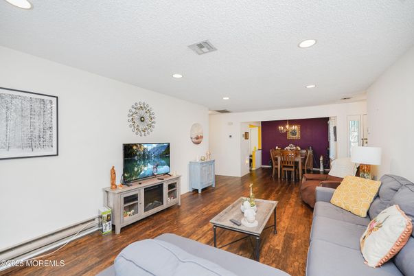 Dining room, Interior, Living room, Recessed Lighting, Wood Texture Flooring