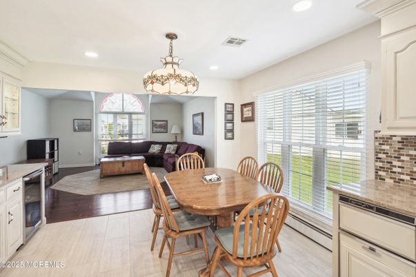 Dining room, Interior, Living room, Pendant Lights, Recessed Lighting, Wood Texture Flooring