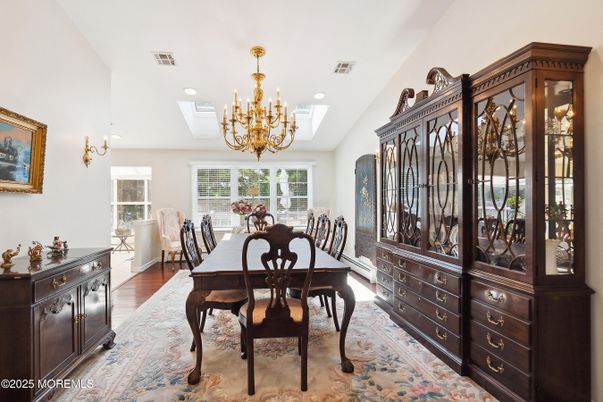 Chandelier, Dining room, Interior, Recessed Lighting, Wood Texture Flooring