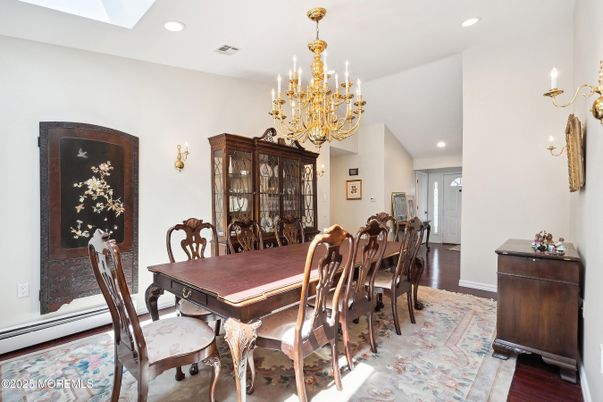 Chandelier, Dining room, Interior, Recessed Lighting, Wood Texture Flooring
