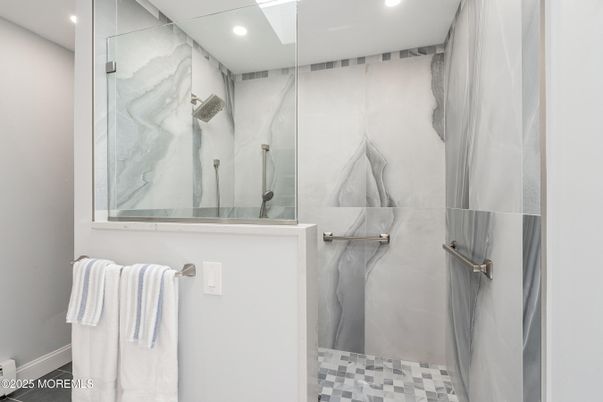 Bathroom, Glass Shower, Interior, Marble Walls, Recessed Lighting