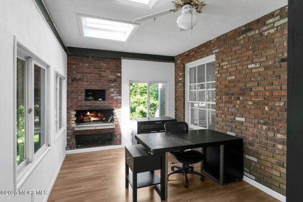 Fireplace, Home Office, Interior, Stone Walls, Wood Texture Flooring