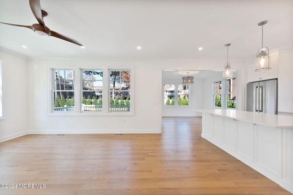 Empty room, Interior, Kitchen, Pendant Lights, Recessed Lighting, Wood Texture Flooring