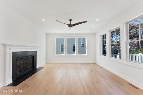 Empty room, Fireplace, Interior, Recessed Lighting, Wood Texture Flooring