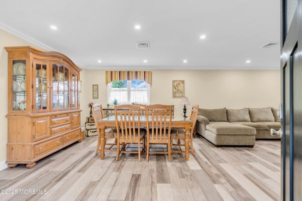 Dining room, Interior, Recessed Lighting, Wood Texture Flooring