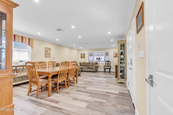 Dining room, Interior, Recessed Lighting, Wood Texture Flooring