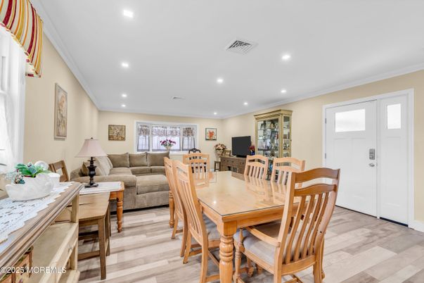 Dining room, Interior, Living room, Recessed Lighting, Wood Texture Flooring