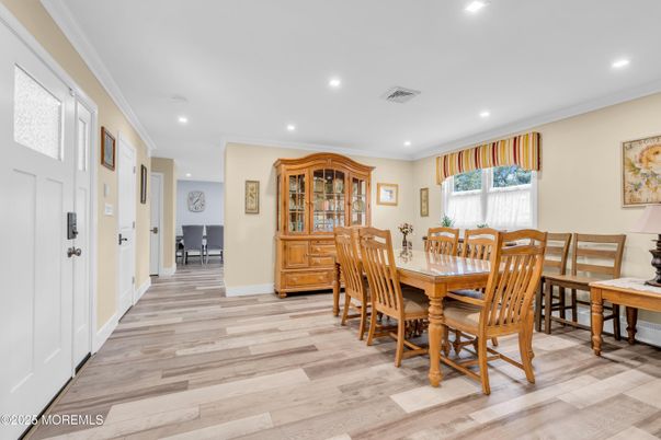 Dining room, Interior, Recessed Lighting, Wood Texture Flooring