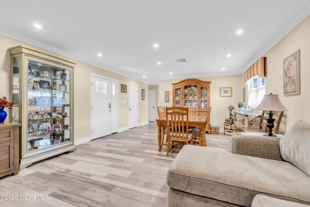 Dining room, Interior, Recessed Lighting, Wood Texture Flooring