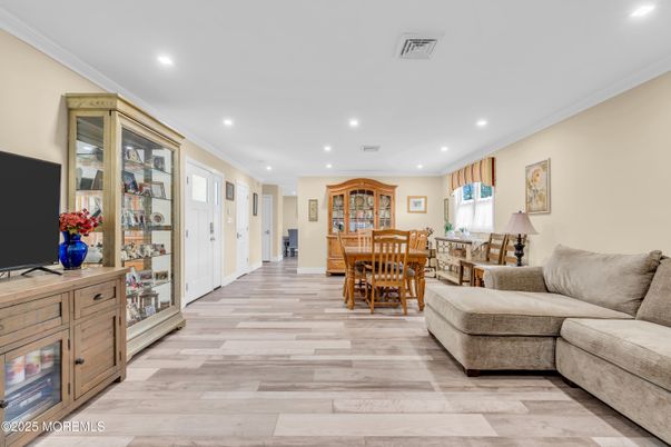 Dining room, Interior, Living room, Recessed Lighting, Wood Texture Flooring