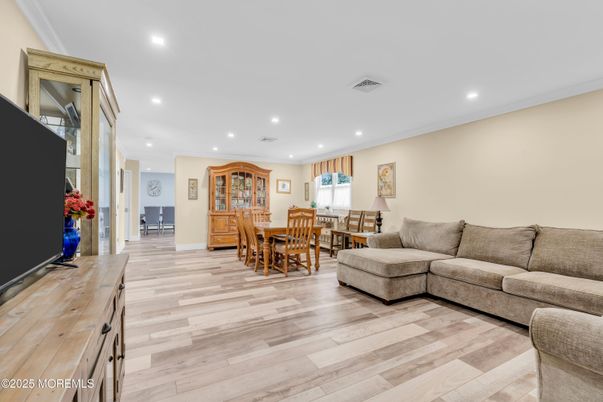 Dining room, Interior, Living room, Recessed Lighting, Wood Texture Flooring