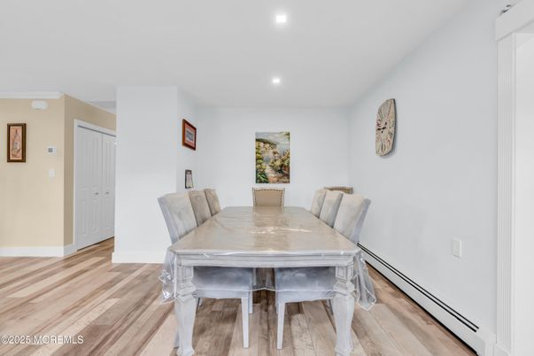 Dining room, Interior, Recessed Lighting, Wood Texture Flooring