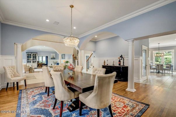 Chandelier, Dining room, Interior, Living room, Pendant Lights, Recessed Lighting, Wood Texture Flooring