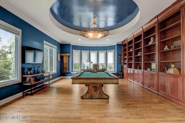 Billiard Table, Game Room, Interior, Pendant Lights, Recessed Lighting, Wood Texture Flooring