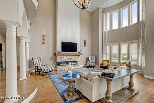 Chandelier, Fireplace, Interior, Living room, Wood Texture Flooring