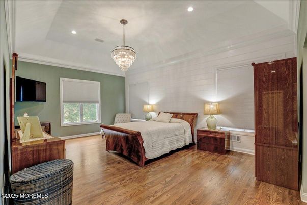 Bedroom, Chandelier, Interior, Recessed Lighting, Wood Texture Flooring