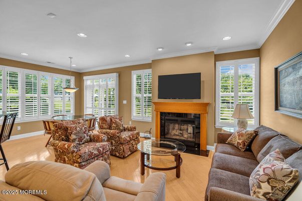 Fireplace, Interior, Living room, Pendant Lights, Recessed Lighting, Wood Texture Flooring