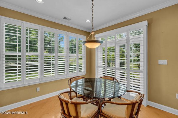 Dining room, Interior, Pendant Lights, Recessed Lighting, Wood Texture Flooring