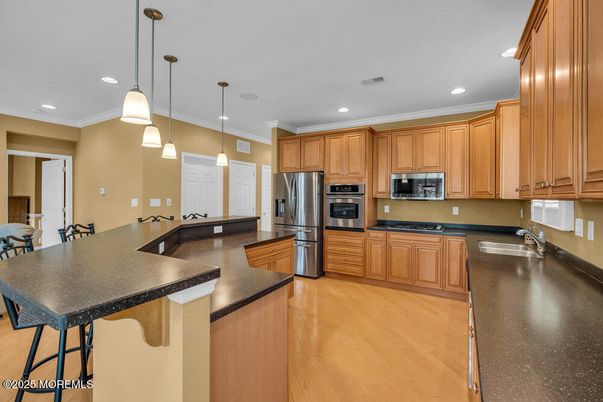 Interior, Kitchen, Pendant Lights, Recessed Lighting, Stainless Steel Appliances, Wood Texture Flooring