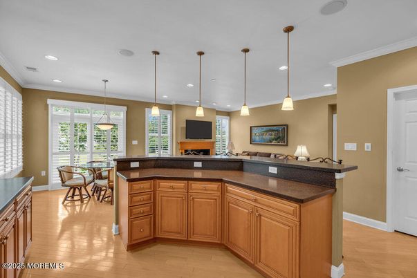 Dining room, Interior, Pendant Lights, Recessed Lighting, Wood Texture Flooring