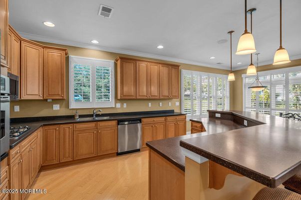 Interior, Kitchen, Pendant Lights, Recessed Lighting, Stainless Steel Appliances, Wood Texture Flooring
