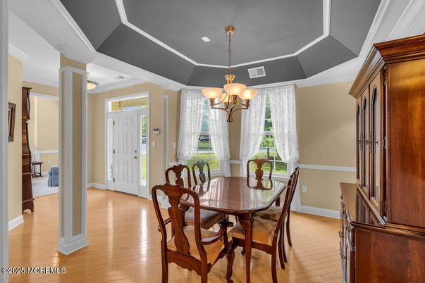 Chandelier, Dining room, Interior, Wood Texture Flooring