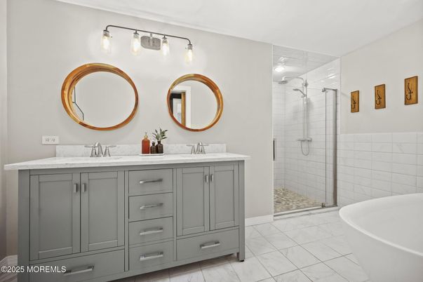 Bathroom, Dual Sink Vanities, Glass Shower, Interior, Marble