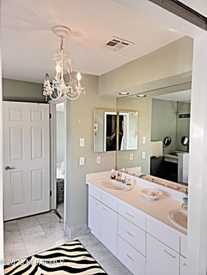 Bathroom, Chandelier, Dual Sink Vanities, Interior, Marble