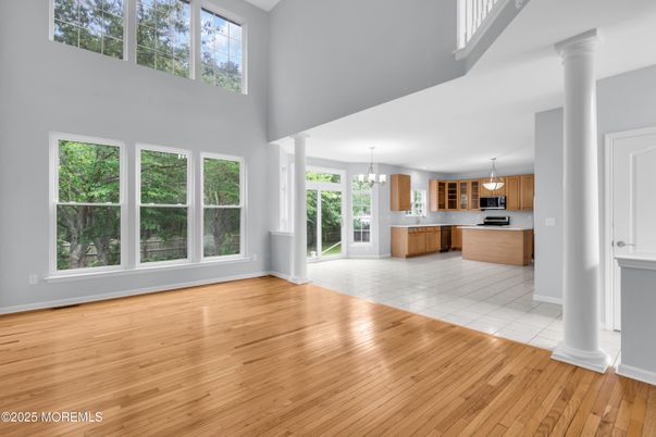 Chandelier, Empty room, Interior, Kitchen, Pendant Lights, Wood Texture Flooring