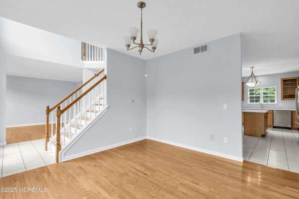 Chandelier, Empty room, Interior, Kitchen, Pendant Lights, Wood Texture Flooring