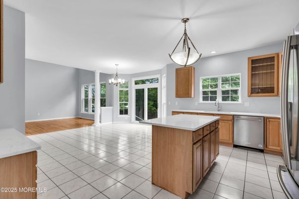 Chandelier, Interior, Kitchen, Pendant Lights, Recessed Lighting, Wood Texture Flooring