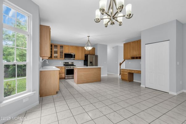 Chandelier, Interior, Kitchen, Marble, Stainless Steel Appliances
