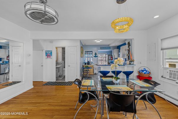 Dining room, Interior, Pendant Lights, Recessed Lighting, Wood Texture Flooring