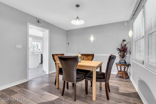 Dining room, Interior, Pendant Lights, Wood Texture Flooring